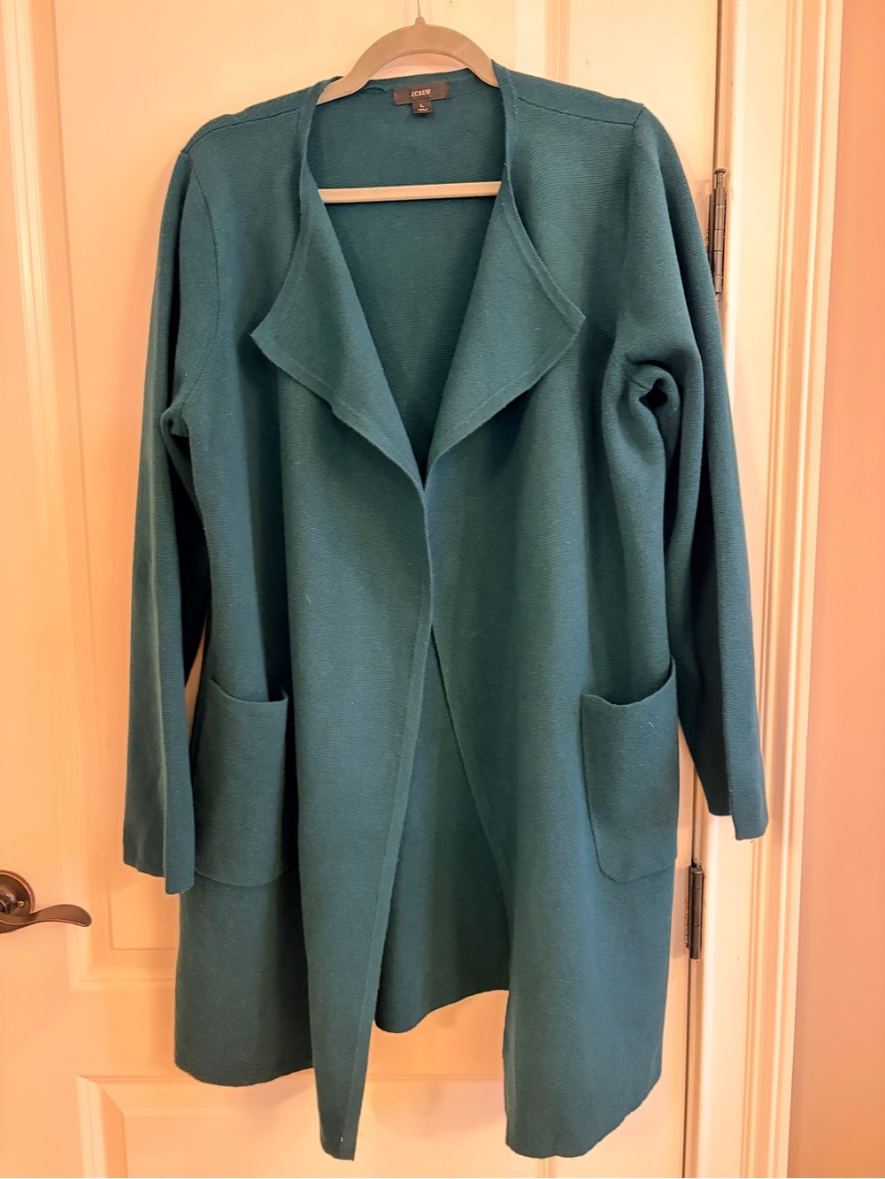 J.Crew Teal Open Front Long Cardigan Sweater Merino Wool Blend Large